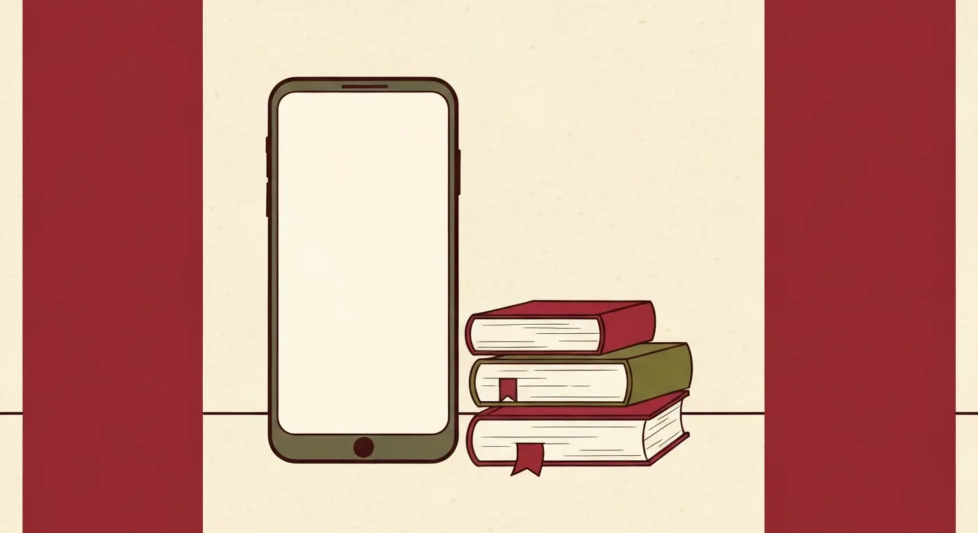 スマートフォンでマンガを読んでいる様子（具体的な内容は描かない）と、その隣に積まれた本を配置し、デジタル読書体験と無料マンガの豊富さを表現するイラスト。